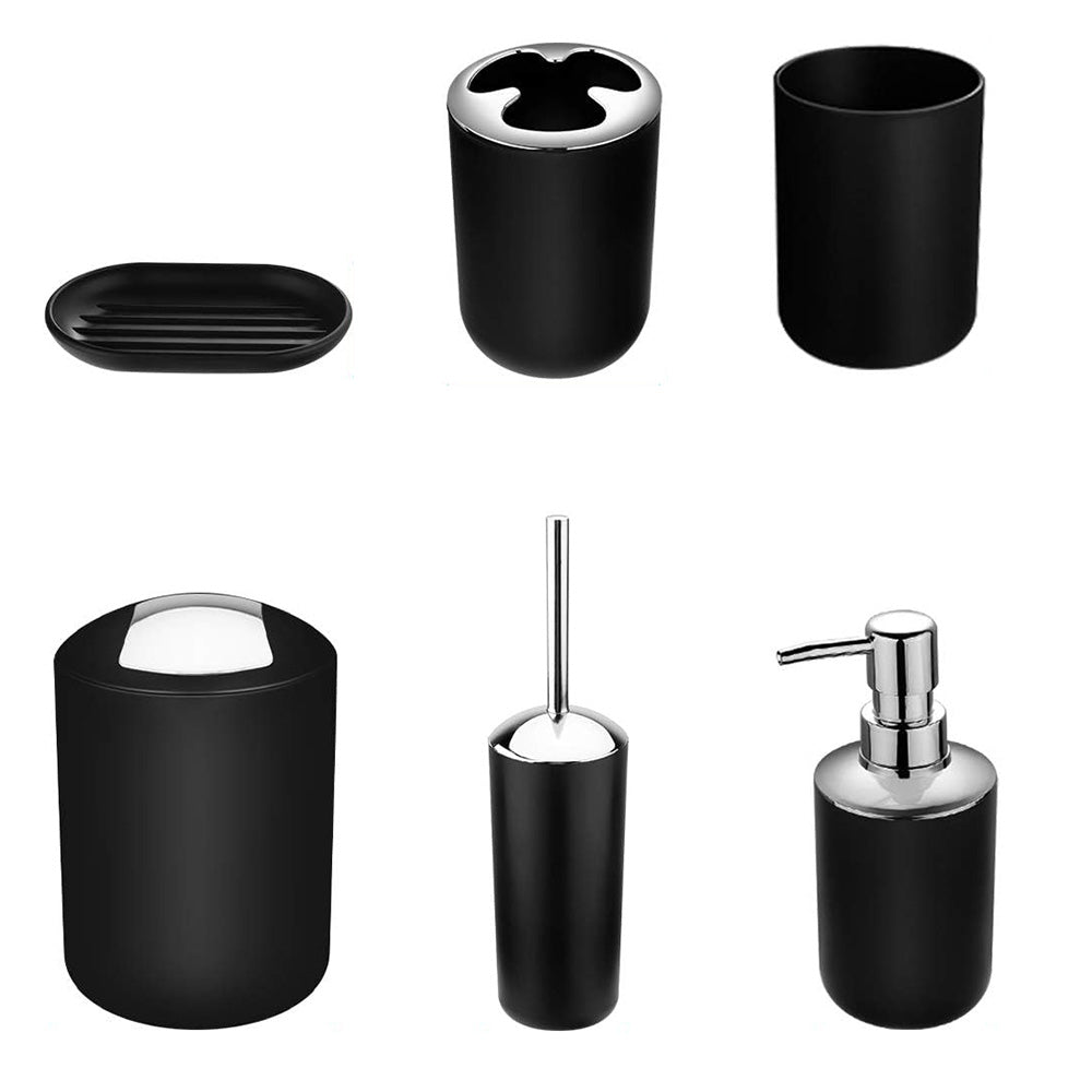 6 Piece Bathroom Accessories Set Soap Dish Soap Dispenser Toothbrush Holder Toilet Brush Trash Bin-Black