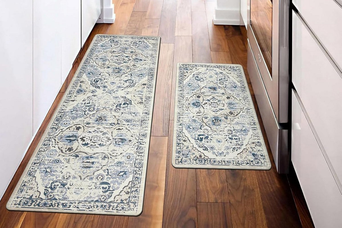 2Pcs Boho Anti-Fatigue Kitchen Mats Non-Slip Cushioned for Kitchen Sink Laundry -Navy Blue