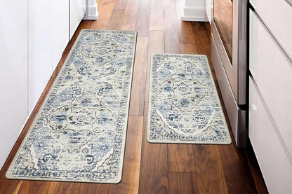 2Pcs Boho Anti-Fatigue Kitchen Mats Non-Slip Cushioned for Kitchen Sink Laundry -Navy Blue