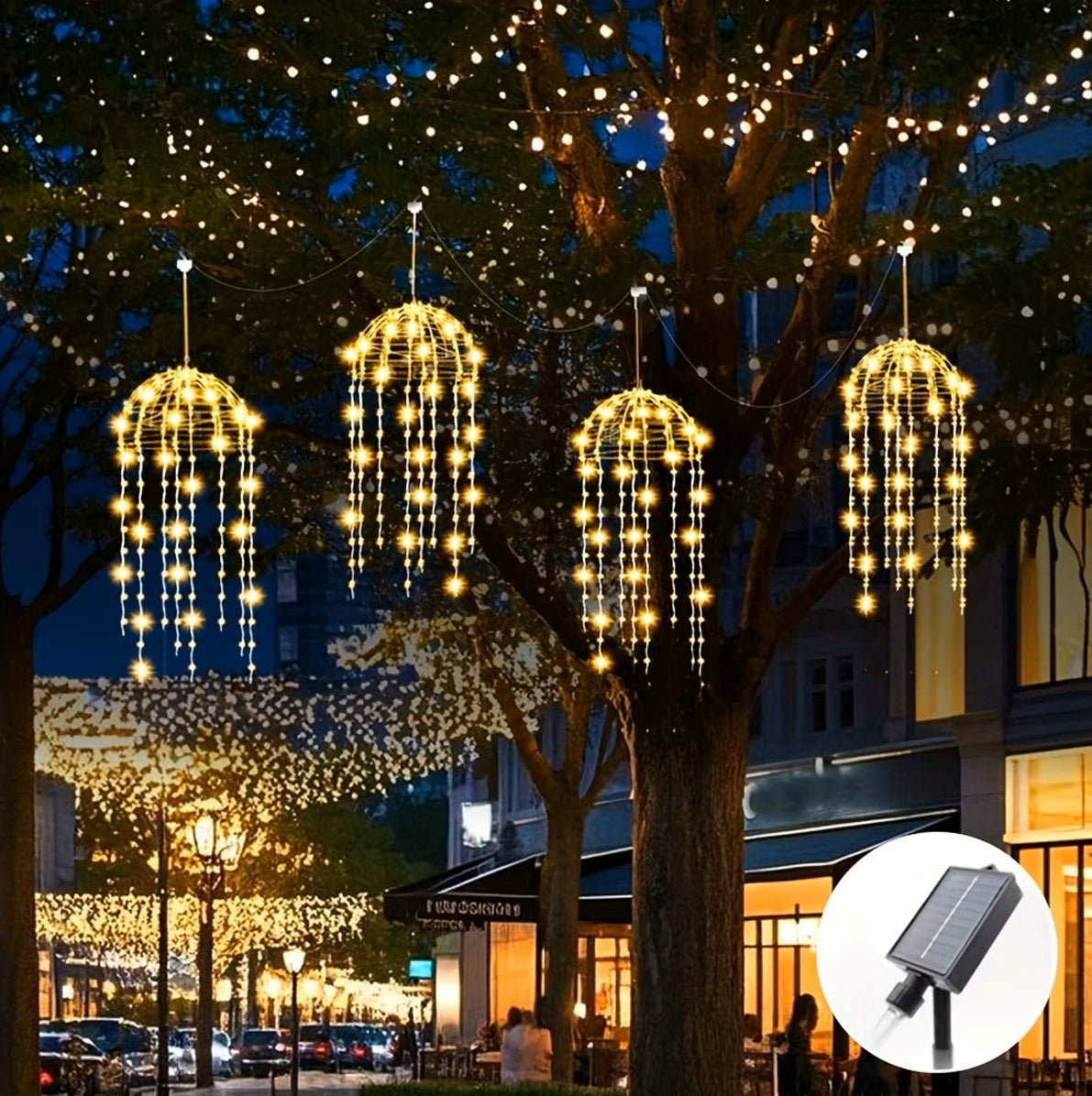 4 Pack Solar Hanging Jellyfish Lights with 256 LEDs and 8 Modes - Warm Light