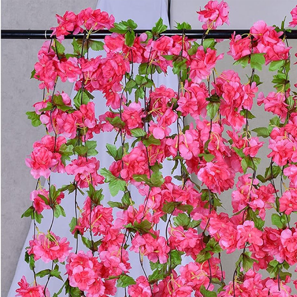 4PCS Sakura Vine Artificial Silk Hanging Garlands 2.3m for Wedding & Home Decoration Rose Red