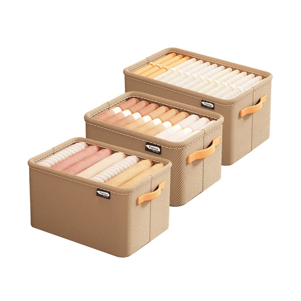 Set of 3Pcs Clothing Storage Box with Handles Wardrobe Storage Organizer Underwear Storage Khaki