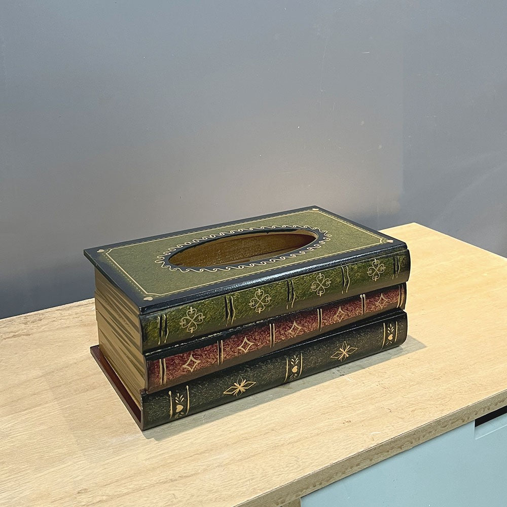 Retro Tissue Box Cover Wooden Antique Book Tissue Holder Dispenser Home Decor-Green