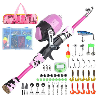 57Piece Set Telescopic Fishing Rod Kit for Beginner with Spinning Reel Lures - Pink