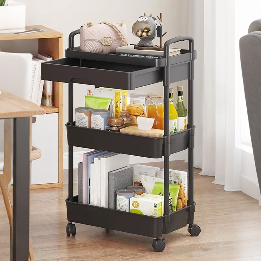 3 Tier Rolling Utility Cart with Removable Drawer for Kitchen Snack Craft-Black