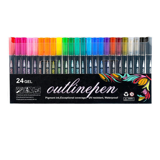 24 Color Multicolored Double Line Outline Marker Pen Set Painting Art