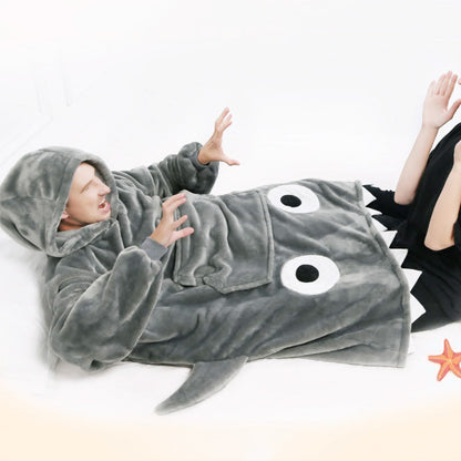 Shark Hoodie Blanket Cartoon Sleeping Wearable Adult Throw Blanket Grey
