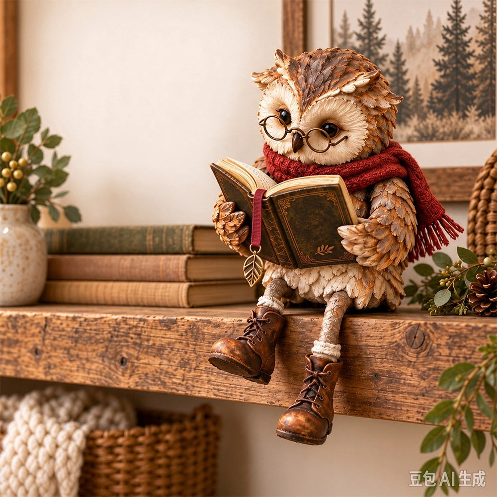 Reading Owl Figurine Resin Cute Whimsical Bookshelf Decor for Mantel Desk