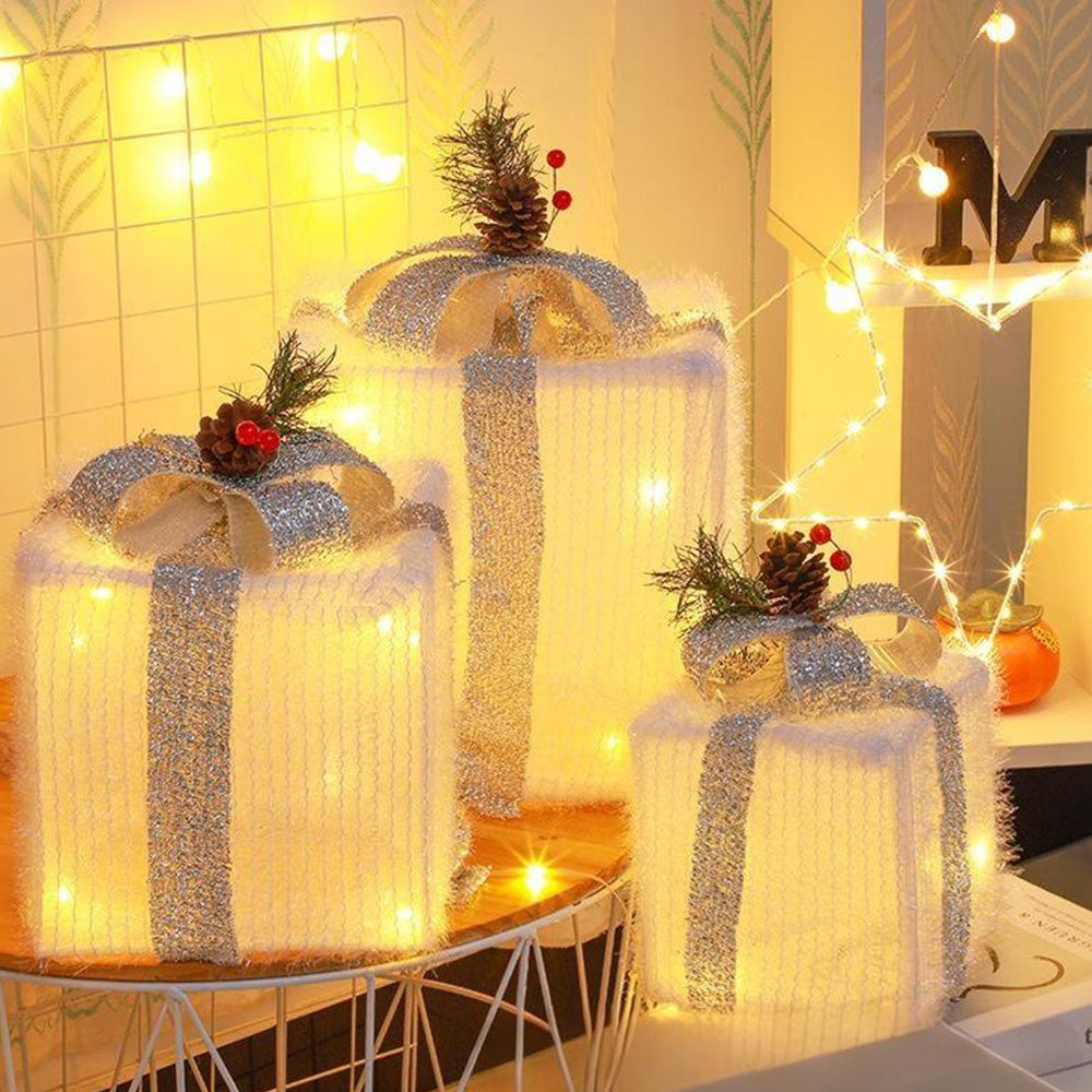 3PCS Lighted Christmas Gift Boxes with 8 Modes for Indoor and Outdoor Decor Silver