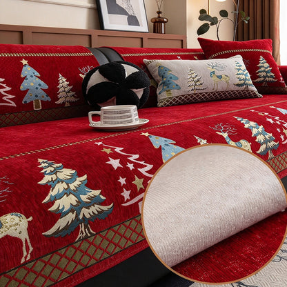 Christmas Deer Chenille Sofa Cover Scratch Resistant Sofa Protector - Red