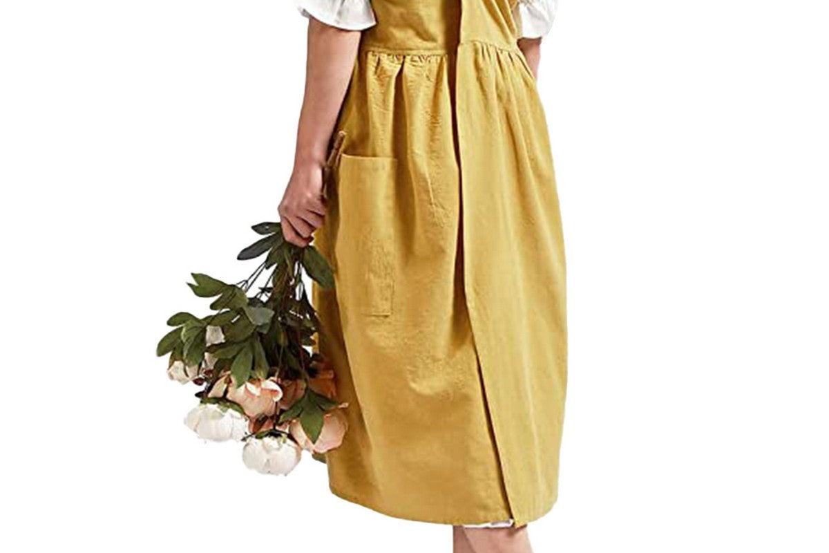 Cotton Linen Aprons Cross Back Apron with Pockets for Women with Pockets Pinafore Dress for Baking Cooking-Yellow