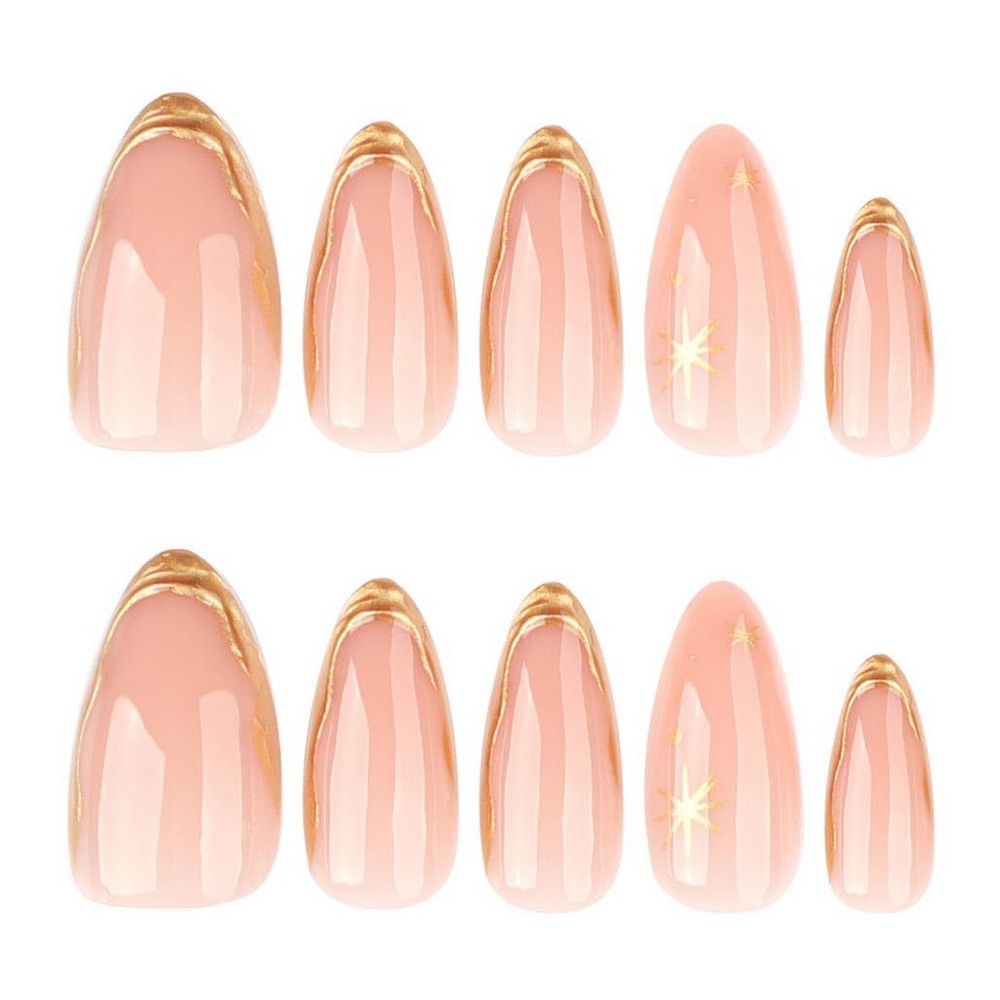 Press on Nails Almond Fake Nails with Gold Hexagram Full Cover Stick on Nails