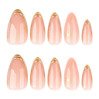 Press on Nails Almond Fake Nails with Gold Hexagram Full Cover Stick on Nails