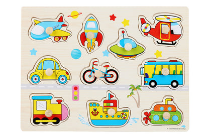 4 Sets Wooden Peg Puzzle for Girls Boys with Alphabet Animal Dinosaur Vehicle