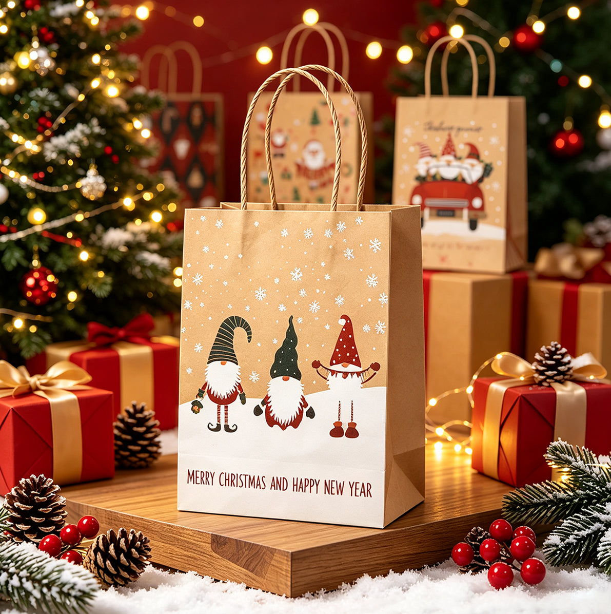 12 Pack Kraft Paper Christmas Gift Bags with Handles in 6 Designs