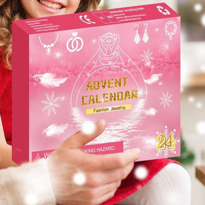 Christmas Jewelry Advent Calendar Set Earrings Rings Necklaces - Pink