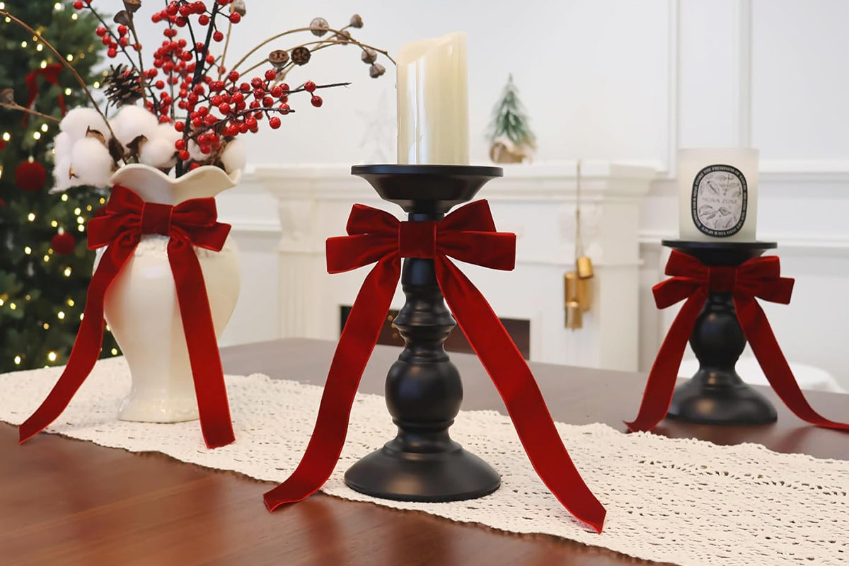 12Pcs Velvet Ribbon Bows for Christmas Tree Vintage Rustic Craft Bows-Wine Red