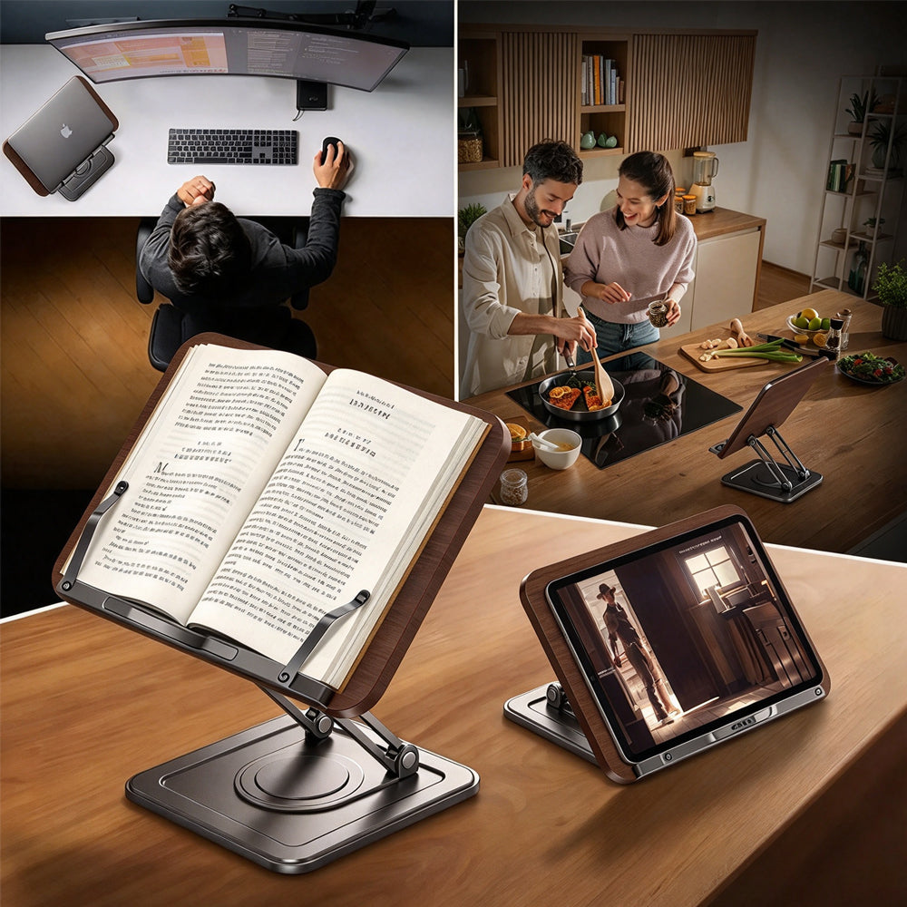 Book Stand for Reading 360-degree Rotating Holder with Page Clip - Black