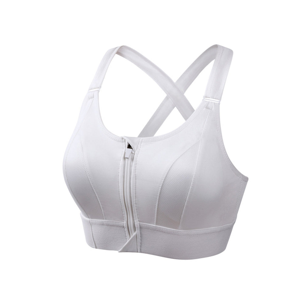 Adjustable Supportive Sports Bra with Front Zipper for Women-White