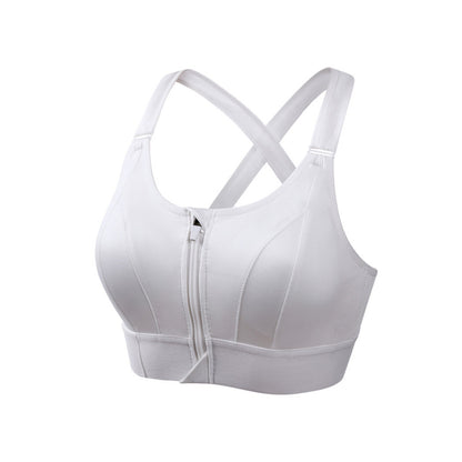 Adjustable Supportive Sports Bra with Front Zipper for Women-White