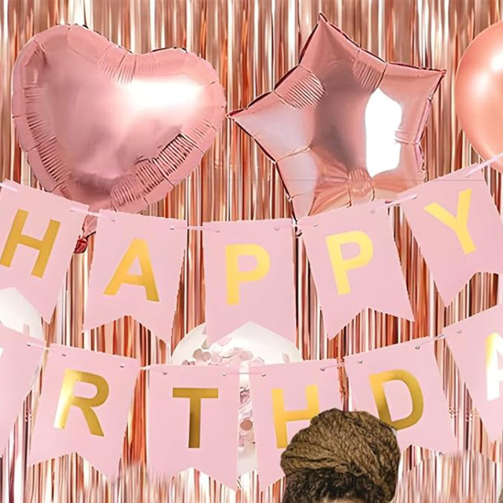 Rose Gold Happy Birthday Party Decorations Set Banner Foil Balloons Curtain Backdrop for Women Girls