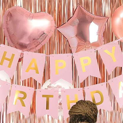 Rose Gold Happy Birthday Party Decorations Set Banner Foil Balloons Curtain Backdrop for Women Girls