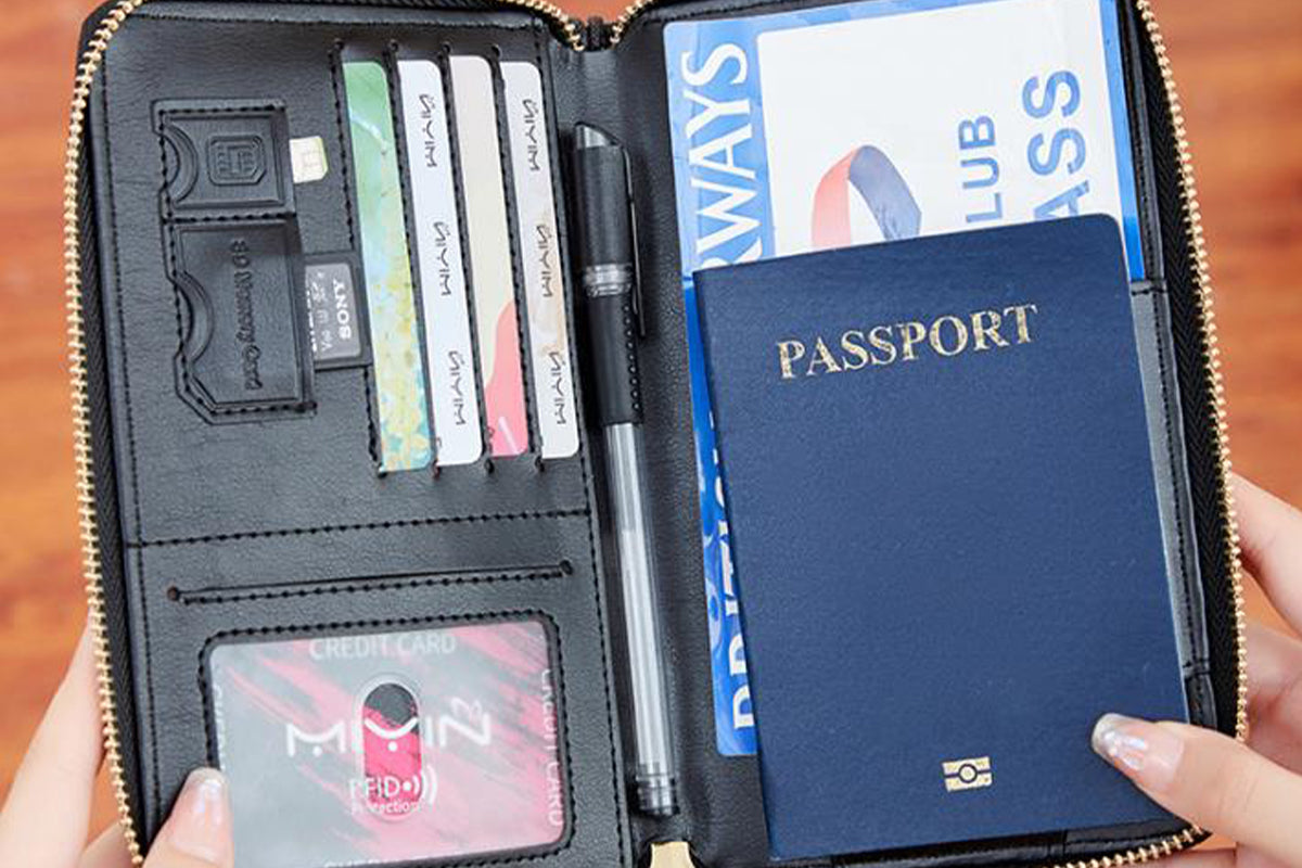 RFID Blocking Passport Wallet PU Document Organizer with Wristlet for Women -Blue