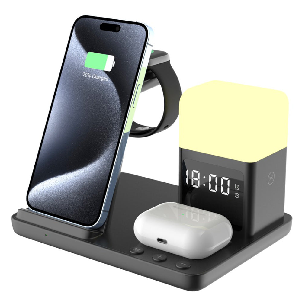 6-in-1 Wireless Charging Station for Multiple Devices with Alarm Clock and Night Light for Apple Devices