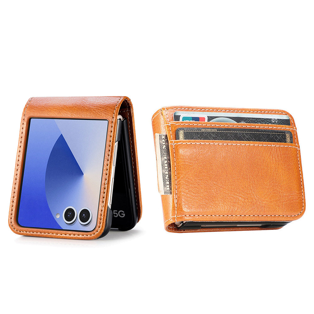 PU Wallet Card Holder Case for Samsung Galaxy Z Flip 6 7 8 with Stand - Brown