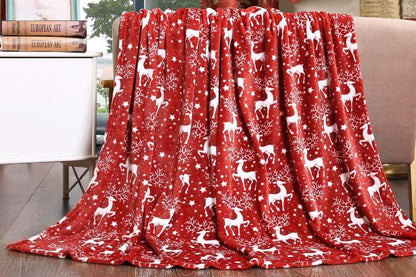 Breathable Christmas Blanket Elegant Comfort Luxury Velvet Fleece Christmas Tree Blanket Cozy Throws for Winter Bedding-Red Reindeer