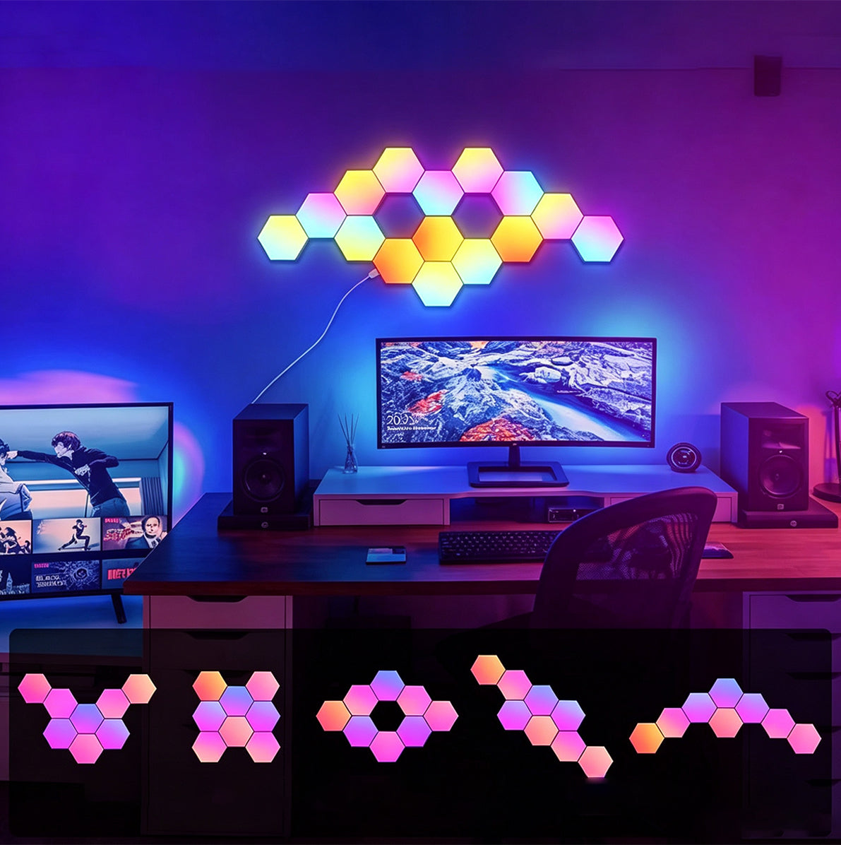 8 Piece Hexagon RGB LED Wall Light Set APP Control Music Sync Decor