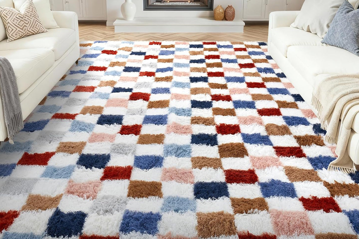 Checkered Plush Shaggy Rug Non Slip Carpet - Milticolor