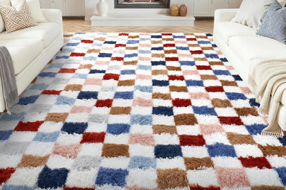 Checkered Plush Shaggy Rug Non Slip Carpet - Milticolor