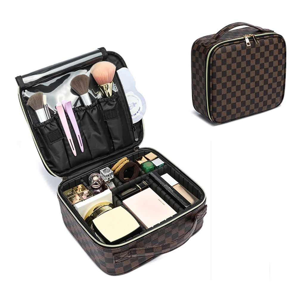 Checkered Travel Makeup Bag Adjustable Partition Cosmetic & Toiletry Organizer