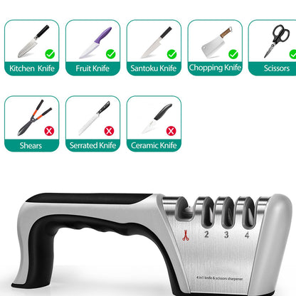 4 Stage Knife Sharpener Non Slip Base Kitchen Scissor Sharpener - Grey