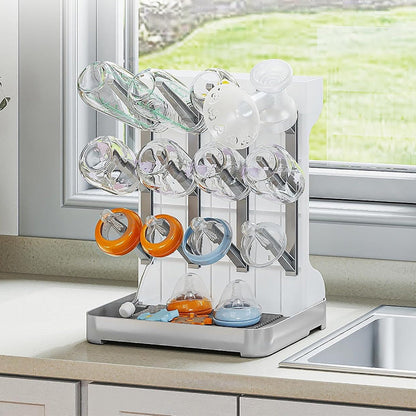 Detachable Bottle Drying Rack for 12 Bottles Space Saving Countertop Vertical Rack with Brushes Holder Grey