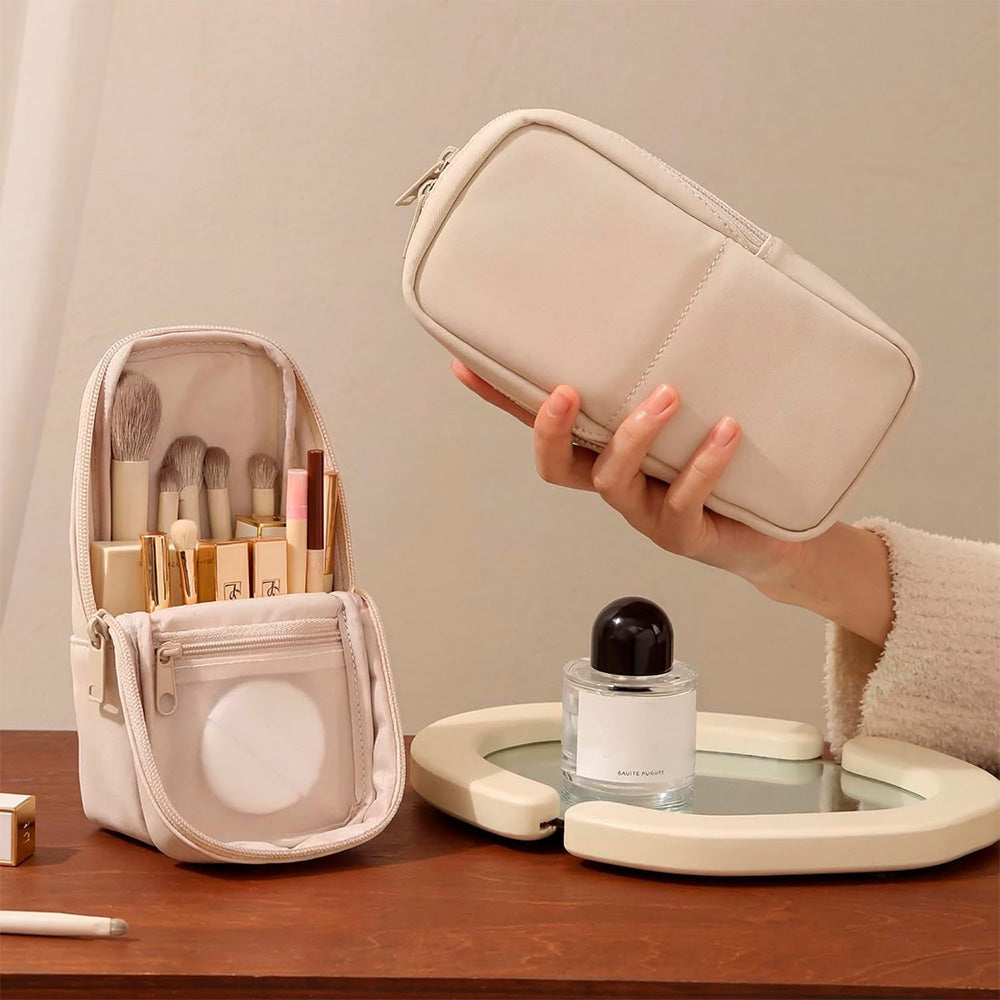 Portable PU Leather Standing Makeup Organizer Bag Makeup Brush Pouch
