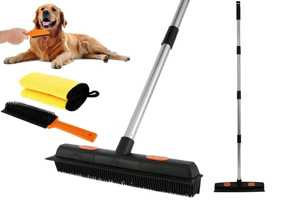3 in 1 Pet Hair Removal Rubber Broom with Hand Brush and Towel for Floor Dusting