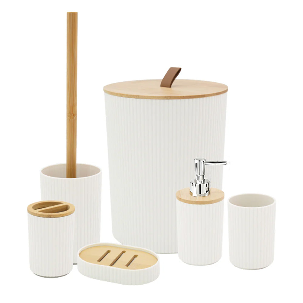 6 Pcs Bathroom Wash Set with Bamboo Lids and Plastic Body -White