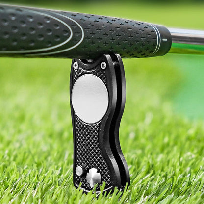 2PCS Magnetized Golf Divot Repair Tool with Pop-up Fork and Ball Marker Black