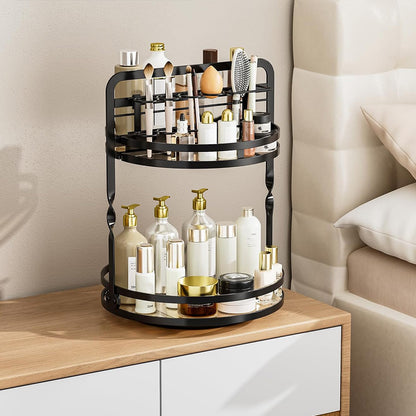Rotating Makeup Organizer Double Layer with Brush Holder for Skincare Perfume-Black