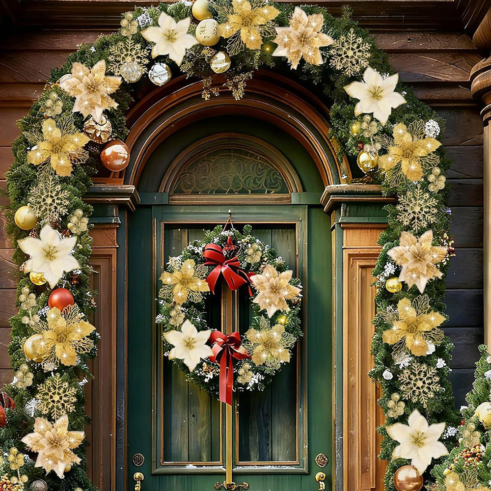 24Pcs Artificial Flowers Christmas Tree Ornaments for Wreath Fireplace Stairs Decor Gold