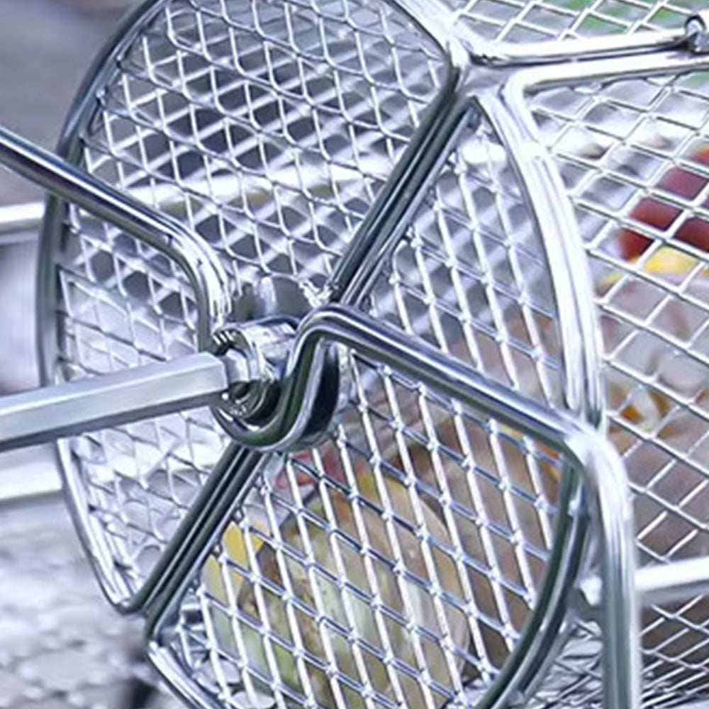 Rotating Stainless Steel BBQ Grill Basket with Stand and Handle
