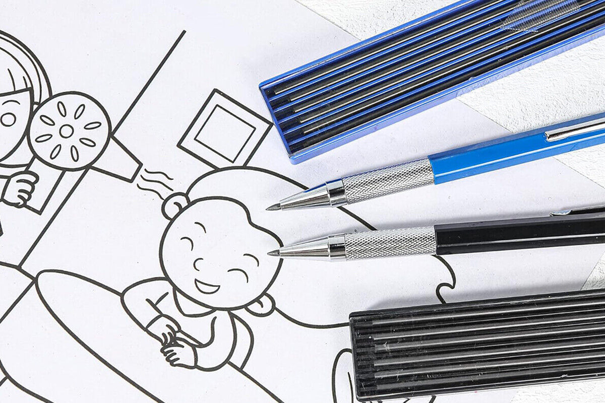 2B Lead Holder Pen Automatic Mechanical Drafting Drawing Pencil Art Tool With Refills Case-Black Pencil With Black Refills