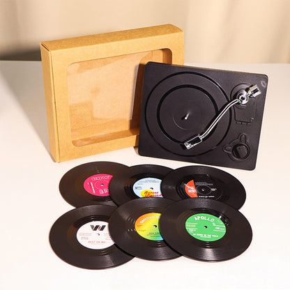 Retro Vinyl Record Coaster Set 6 Pcs with Record Player Stand Gift - White