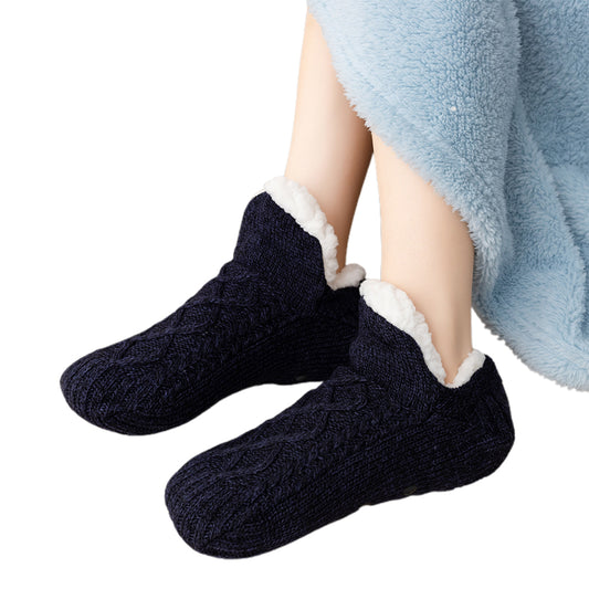 V Cut Faux Shearling Slipper Socks Non Slip Indoor Winter Socks-Black