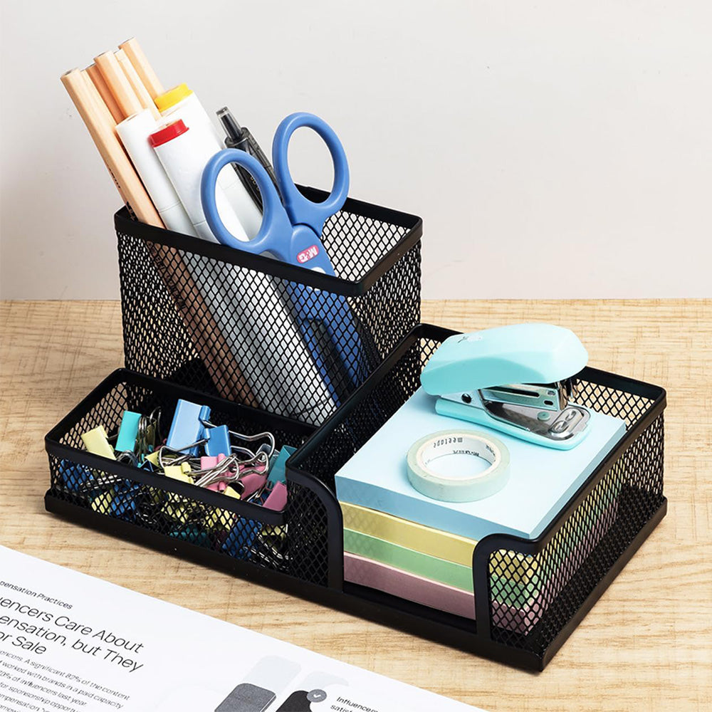 3 Compartment Mesh Pen Holder Desk Organizer Metal Office Supply Storage for Home School-Black