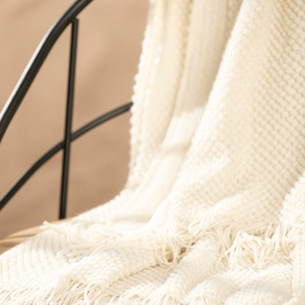 Vintage Knitted Throw Blanket with Tassels-Beige