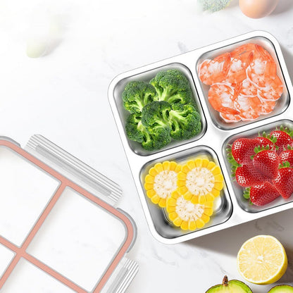 2Pcs Stainless Steel Snack Box With 4 Compartments Divided Meal Prep Container-Pink