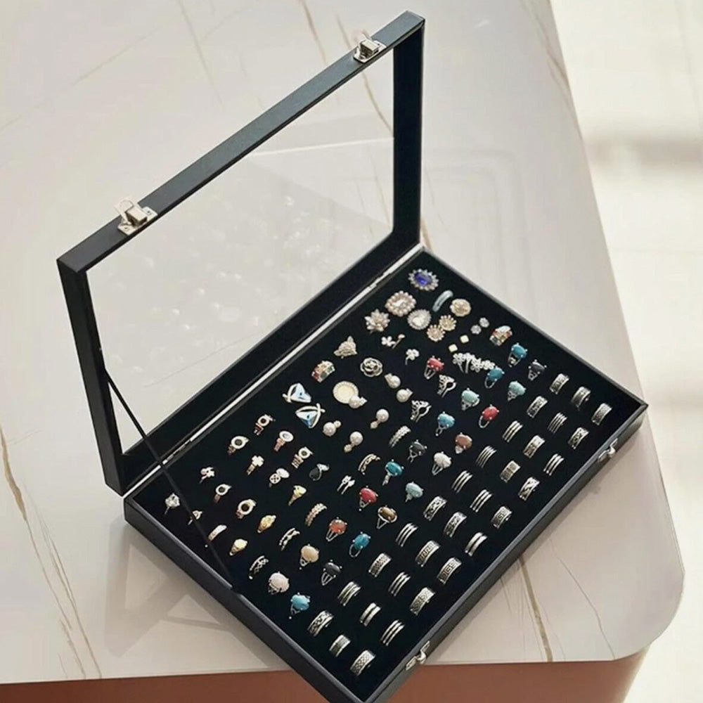 100 Slots Jewelry Ring Display Organizer Box with Glass Lid ¨C Earring and Ring Storage Tray